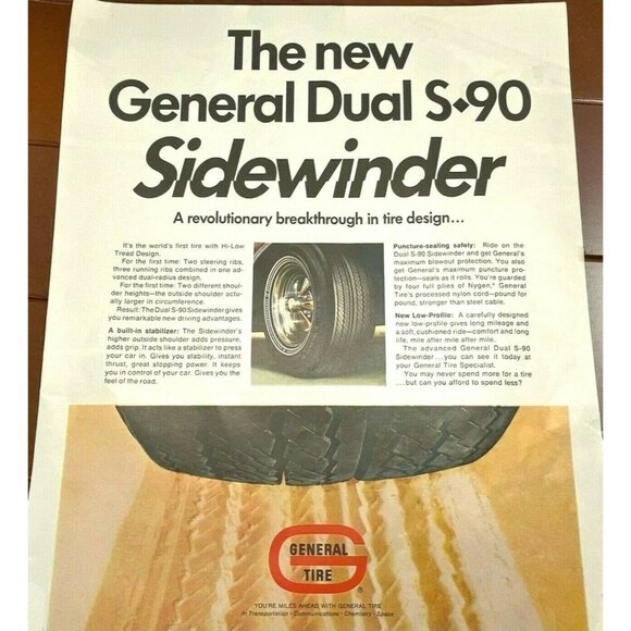 Vintage 60s Print Ad General Tire Dual S-90 Sidewinder Automotive Retro - Picture 1 of 6